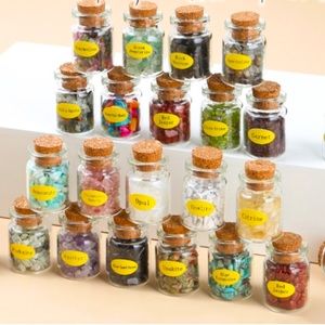 Mini Glass Bottles Containing Various Crystal Pieces